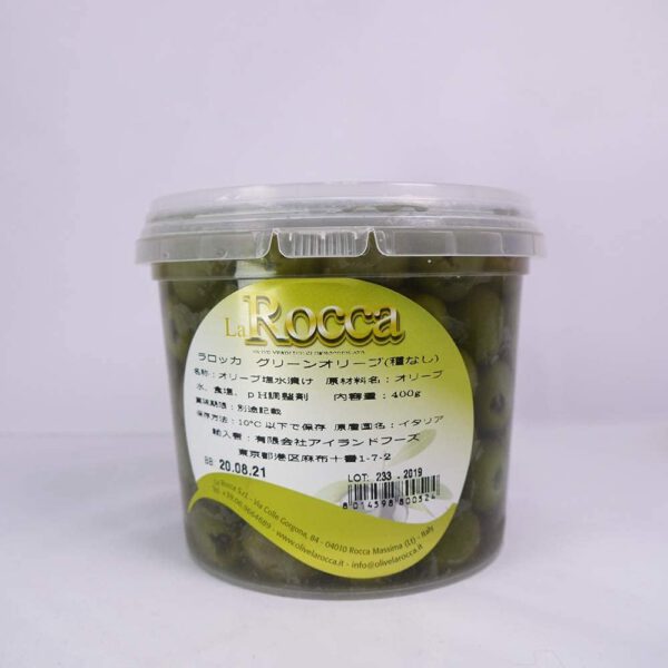 グリーンオリーブ(種無し)ラロッカ 400g イタリア産