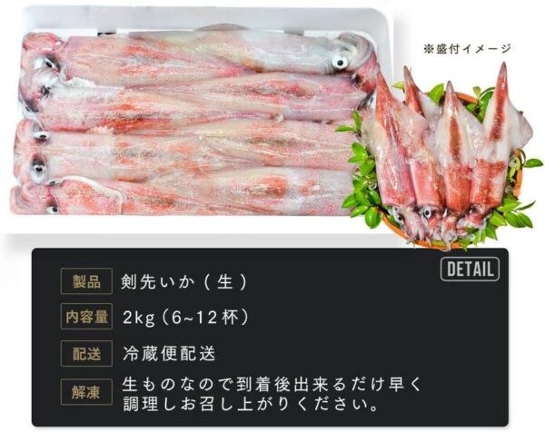 岩手県大船渡産 生ケンサキイカ 生剣先イカ 約2kg(6杯~12杯)冷蔵 - 画像 (2)